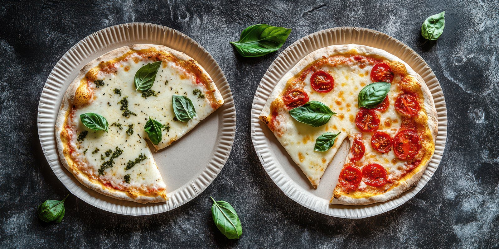 Two delicious pizzas featuring fresh basil topped with tomatoes and mozzarella on a textured dark background